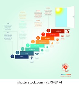 Conceptual infographics steps up stairway to the open door. Business success startup. Template 8 positions, possible to use for workflow, banner, diagram, web design, timeline, area chart