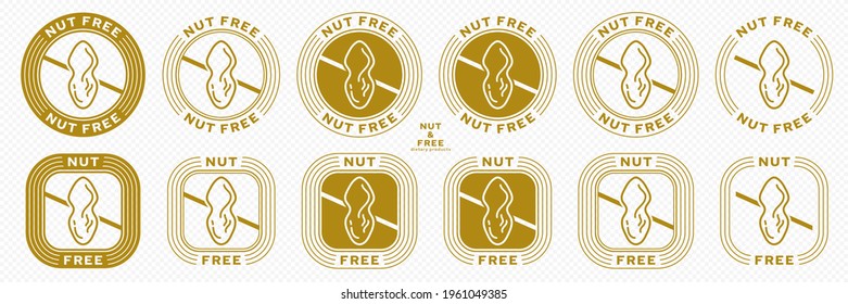 Conceptual information stamps for product packaging - no nuts. Crossed out nut icon. Vector elements.
