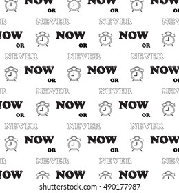 conceptual inspiration quote text of "Now or Never" pattern background vector illustration image with alarm clock in cartoon style. This quote will urge to make quick decision of what need to do.