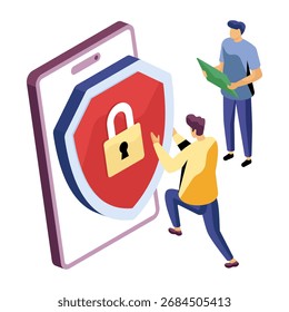 Icono de diseño isométrico conceptual de seguridad móvil