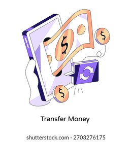 Icono de diseño isométrico conceptual de transferencia de dinero móvil
