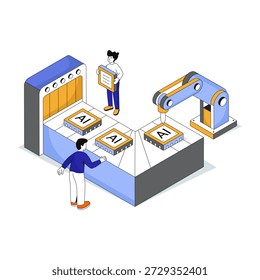 Ilustração do projeto isométrico conceitual da linha de produção de microchips