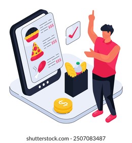 Ilustración de diseño isométrico conceptual de pedido de alimentos móviles 


