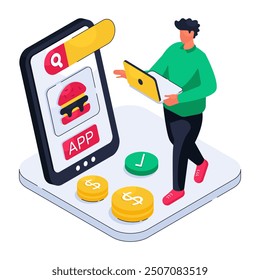 Ilustración de diseño isométrico conceptual de pedido de alimentos móviles 
