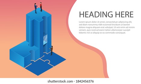 Conceptual isometric puzzle block building with an elevator going up where small people shaking hands with a free space at the background for text