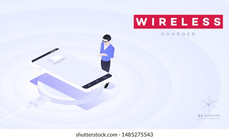 Conceptual Isometric Smartphone With Wireless USB Electric Charger. Vector Isometric Illustration.