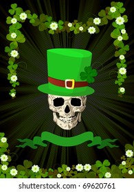 Conceptual label with St.Patrick theme, lucky card dead man skull wearing a green hat with four leaves clover and banner