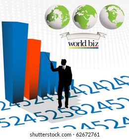 Conceptual layout with a business man presenting statistic bars