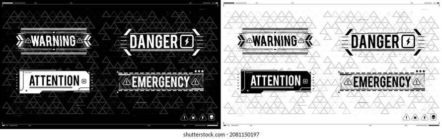 Conceptual Layout with HUD elements. Caution futuristic ski-fi UI design elements in modern technology style. Warning and alert attention signs. Lettering with futuristic user interface elements.