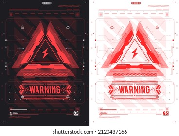 Conceptual Layout with HUD elements for print and web. Warning and alert attention signs. HUD danger zone. Caution futuristic ski-fi UI design elements in modern technology style. 