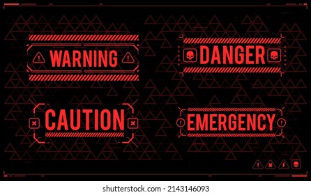 Conceptual Layout with HUD elements for print and web. Lettering with futuristic user interface elements. HUD danger zone. warning and alert attention signs.