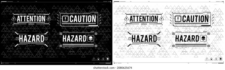 Conceptual Layout with HUD elements. Warning and alert attention signs. Caution futuristic ski-fi UI design elements in modern technology style. Lettering with futuristic user interface elements.