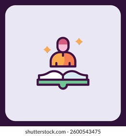 Conceptual learning icon featuring a student and a book with shining stars