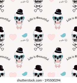 Conceptual Life is Beautiful Funny Vector Seamless Background Pattern with Skulls of Hipster Lady and Gentleman. Vintage Style. Pattern Swatch is Available