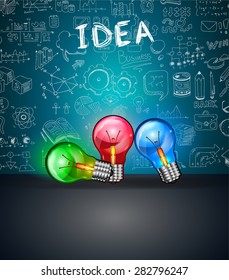 Fondo conceptual LIght Bulb IDEA con espacio para texto y 3 lámparas de colores. Ideal para mostrar nuevos conceptos, propuestas de negocio, presentaciones de innovación y afiches relacionados.