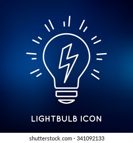 Conceptual lightbulb Idea icon. Lighting electricity bolt flash sign. Lightbulb energy symbol. Thin line icon on blue background. Vector illustration. 