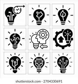 Iconos conceptuales del vector de la bombilla que representan la innovación creativa y las ideas diferentes