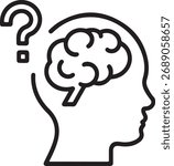 Conceptual line art of a human head silhouette with a brain and a question mark, symbolizing confusion or a question.