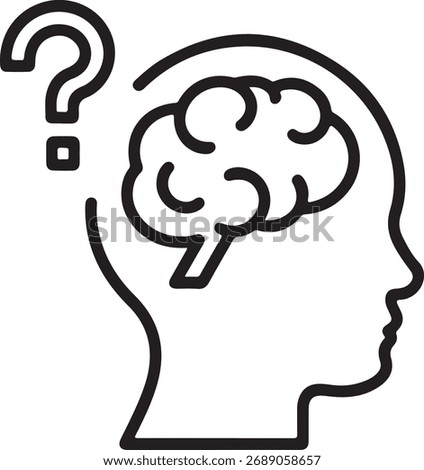 Conceptual line art of a human head silhouette with a brain and a question mark, symbolizing confusion or a question.