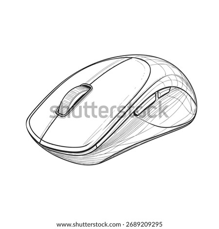 conceptual line art vector illustration of wireless ergonomic mouse with a sculpted shape