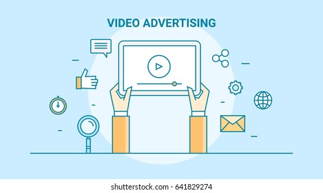 Conceptual line art for Video advertising, on-line video flat vector banner with icons