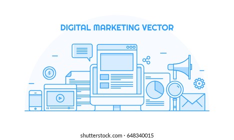 Conceptual Line Artwork For Digital Marketing, On-line Advertising, Social Media Promotion Vector Banner