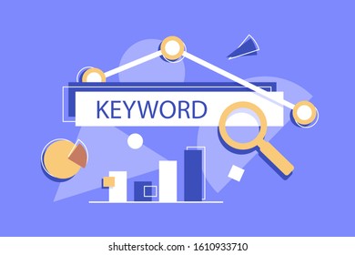 Conceptual line artwork for keyword research, on-page optimization, seo flat vector banner