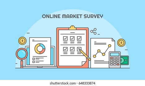 Conceptual Line Artwork For On-line Market Survey, Market Research, Collecting Information Flat Vector Banner