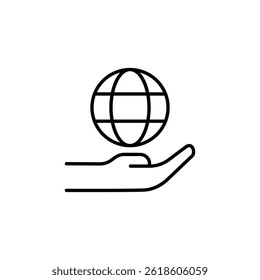 Conceptual line drawing showing a hand holding a globe, minimalist art