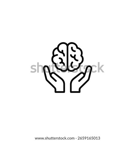 A conceptual line icon of a brain levitating above two open cupped hands symbolizing mental health care and knowledge protection.