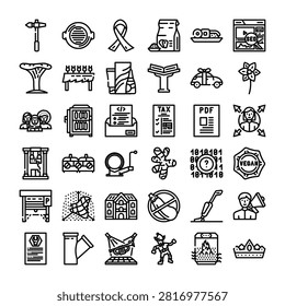 Conceptual line icons with editable stroke covering various themes including food, business, technology, tools, diversity, lifestyle, and abstract symbols, presented in a clean and modern design