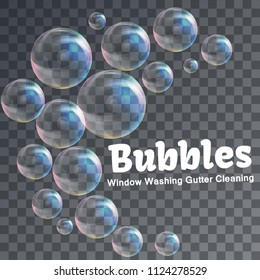 Conceptual Logo For Cleaning Poster. Transparent Background With Soap Bubbles. Spring Cleaning Service Concept. Tools For Cleanliness And Disinfection. Vector Illustration.