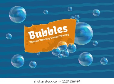 Conceptual logo for cleaning poster. Transparent background with soap bubbles. Spring cleaning service concept. Tools for cleanliness and disinfection. Vector illustration.