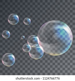 Conceptual logo for cleaning poster. Transparent background with soap bubbles. Spring cleaning service concept. Tools for cleanliness and disinfection. Vector illustration.