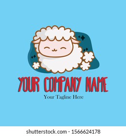 Conceptual Logo design cute sheep with thick fur background biru 