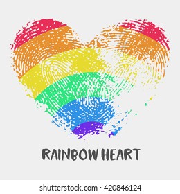 Conceptual logo with fingerprint rainbow heart. Simple flat icon with heart stamp in colors of LGBT flag. Gay and lesbian support symbol. Thumbprint mark for posters or prints