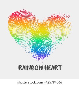 Conceptual logo with fingerprint rainbow heart. Simple flat icon with thumb stamp in colors of LGBT flag. Gay and lesbian support symbol. Thumbprint mark for posters or prints