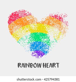 Conceptual logo with fingerprint rainbow heart. Simple flat icon with thumb stamp in colors of LGBT flag. Gay and lesbian support symbol. Thumbprint mark for posters or prints