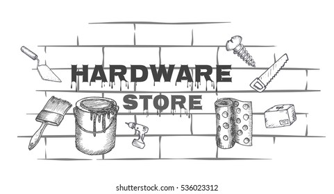 Conceptual Logo For The Hardware Store. Hand Drawn Vector Illustration. Isolated Objects.