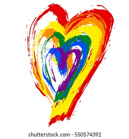 Conceptual logo rainbow heart. Simple flat icon with heart stamp in colors of LGBT flag. Gay and lesbian support symbol. Valentine's day illustration