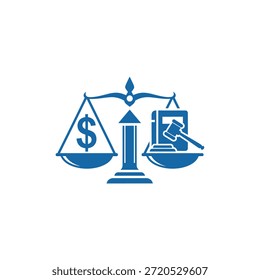 Logotipo conceptual que muestra el valor monetario frente al juicio legal representado por escalas de signo de dólar y el mazo del juez para el cumplimiento de la ley financiera.