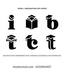 Conceptual logos using letters, graduation caps, and books. This design cleverly uses negative space to create unique academic branding. Monochrome simplicity enhances the concept.