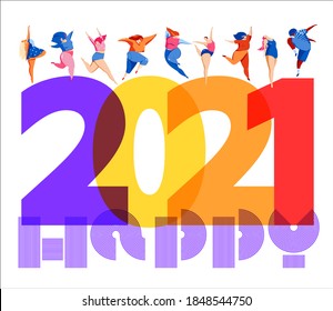 Conceptual logotype of successful 2021 new year with happy jumping and dancing active people. Seasonal holidays flyers, calendars, covers, greetings and invitations cards, christmas congratulations 