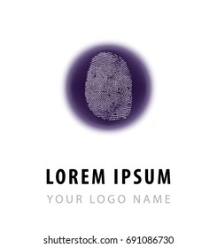 Conceptual logotype template for research, biometric center with fingerprint on violet blurred circle.