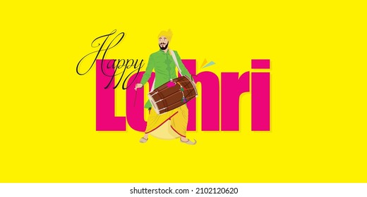 Conceptual Lohri Festival Wishing Greeting Card Design. Happy Lohri, an Indian Festival. Editable Illustration of Bhangra Playing Young Sikh on Dhol.