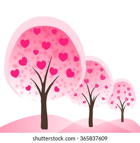 conceptual love background with trees with hearts as fruits on pink transparent hills. romantic cute style. vector