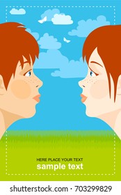 Conceptual love and couple vector. Man and woman face profiles against nature background with blue sky, green grass and butterflies. Sample text space.