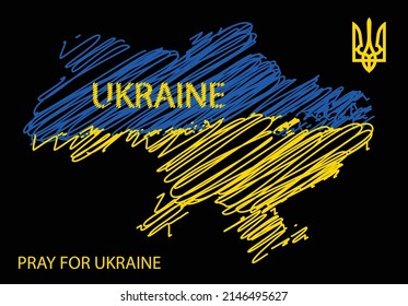 Conceptual map of Ukraine in the colors of the Ukrainian flag, vector illustration. 
Pray for Ukraine. Save Ukraine from Russia.