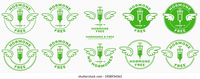 Conceptual marks for product packaging. Labeling - Hormone Free. Brand with with Wings and Ingredient Line - Ingredient-Free Product Symbol. An injection with hormonal drugs. Vector