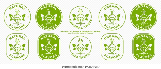 Conceptual marks for product packaging. Labeling - organic flavors. The brand with the flask-mouth icon with wings-leaves and an ingredient line is the natural flight of an ingredient. Vector